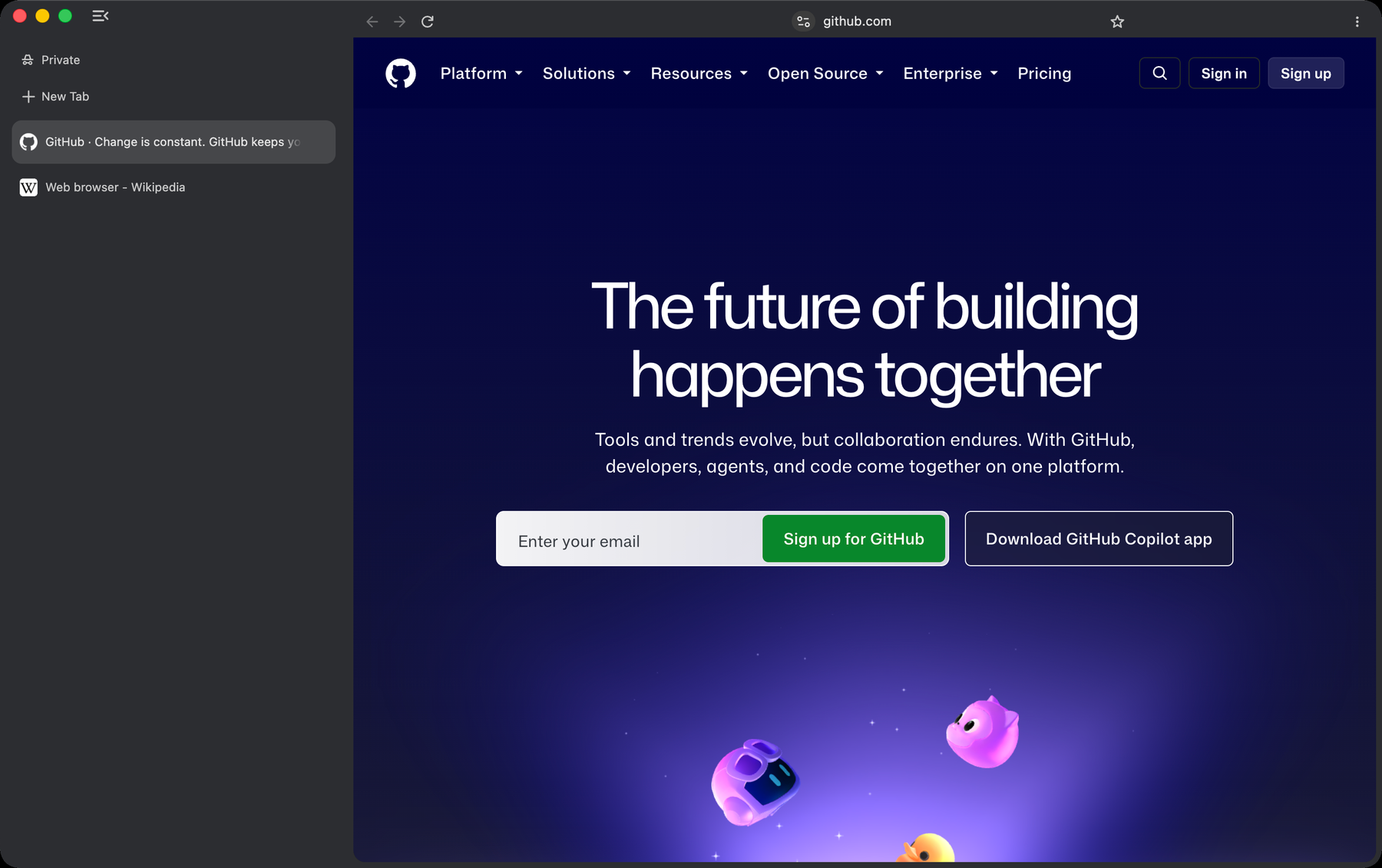A private window: a plain grey sidebar labelled Private with two tabs, beside github.com.